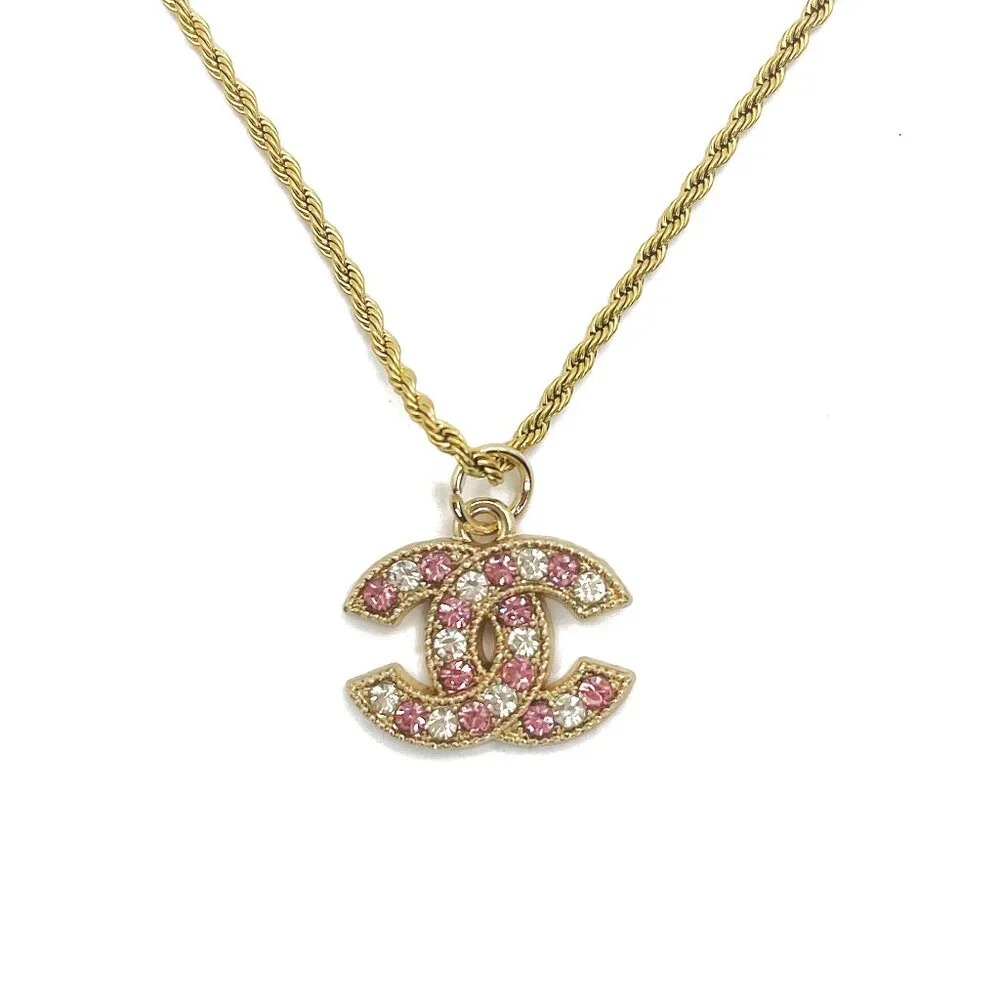 Authentic CHANEL CC Pink Rhinestone Charm Pendant Necklace Gold Plated Chain